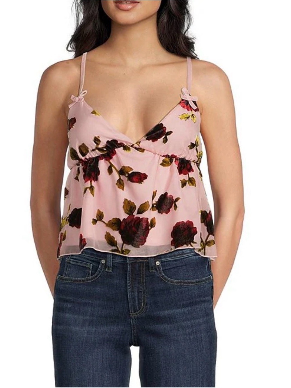 Evolutionary Pink Floral Velvet Rose Babydoll Camisole L Top NWT Spaghetti Strap